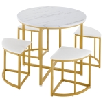 Dining Table Set with 4 Velvet Chairs, Space-Saving Design, MDF Top and Gold-Plated Iron Frame, Easy assembly, 80L x 80W x 75H cm, White+Gold