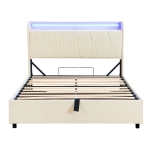 Double Upholstered Bed with LED Headboard, USB and Type-C Ports, Hydraulic Storage Bed with Charging Station, 207L x 136W x 105H cm, Beige