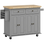 HOMCOM Ilha de Cozinha com Rodas 2 Gavetas 4 Portas Suporte para Temperos e Barra Lateral 111x44,5x82,5 cm Cinzento e Madeira
