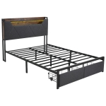 Upholstered Double Bed with LED Lighting, USB Type-C Charging, Bed Frame with Storage Headboard, Drawers, 208L x 137W x 110H cm, Grey