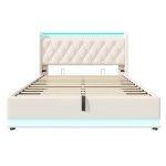 Upholstered Double Ottoman Bed with 360 Surround LED, USB Charging Port, Hydraulic Storage Bed Frame, 206L x 148W x 104H cm, White