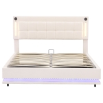 King Size LED Hydraulic Bed with Charging Station, Adjustable Tufted Headboard, Space-Saving Design for Bedroom, 206L x 151W x 105H cm, Beige