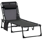 Outsunny Chaise longue pliable bain de soleil transat de relaxation dossier inclinable 5 niveaux têtière amovible pochette latérale intégrée revêtement textilène acier dim. 189 x 58 x 30 cm noir