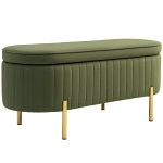 HOMCOM Banco Baú Oval de 72L com Tampa Levantável em Tecido de Efeito Veludo e Madeira 108x44x43,5 cm Verde