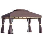 Outsunny Gazebo da Giardino 3x4m con Doppio Tetto, Zanzariera e Tende, Alluminio e Poliestere, Color Caffè