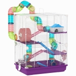 Pawhut Gaiola para Hamster Roedor 4 Andares com Túneis Comedouro Roda Casinha Escadas 46x30x58 cm Violeta