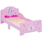 HOMCOM Cama para Niños de +3 Años 143x73x60 cm Cama Infantil de Madera con Estampado de Estrellas, Corazones y Castillo Carga 50 kg para Dormitorio Rosa