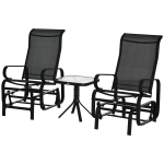 Outsunny 3 Pieces Garden Gliding Chair Set, Metal Frame 2 Single Armchair Swing Seater and 1 Glass Top Coffee Table w/ Breath Mesh Fabric Seat, Black