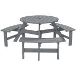 Outsunny 6 Seater Wooden Picnic Table and Garden Benches Set, Round Garden Dining Set with 3 Benches and Umbrella Hole Outdoor Garden Park, Grey