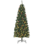 HOMCOM 6FT Prelit Artificial Pencil Christmas Tree with Warm White LED Light, Red Berry, Holiday Home Xmas Decoration, Green
