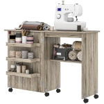 HOMCOM Table de couture pliante meuble couture à abattant avec bacs de rangement, étagère ouverte et roulettes effet bois grisé