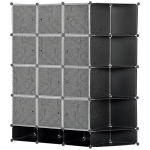 HOMCOM Armário Modular de Plástico Armário Portátil com 16 Cubos e 2 Barras Organizador de Sapatos Roupas Brinquedos para Entrada Corredor Dormitório 145x46x162cm Preto e Branco