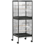 PawHut Gaiola para Pássaros com Rodas de 2 Níveis  com Bandejas Removíveis Portas Comedouros Poleiros 51,5x50x140 cm Preto