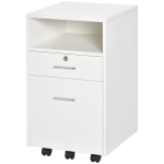 Vinsetto Caisson de Bureau Porte-Documents avec 2 Tiroirs et Étagère Ouverte, Meuble de Bureau en Bois avec 5 Roulettes, Serrure et 2 Clés, 39x40x65 cm, Blanc
