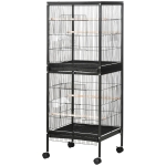 PawHut Cage Volière pour Oiseaux pour Intérieur avec Roulettes et Plateaux Amovibles, 51.5x50x140 cm, Noir