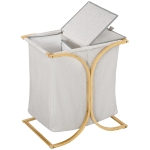 HOMCOM Coș pentru rufe cu 2 compartimente, capac din bambus și poliester, 55x40x62 cm, gri și culoare lemn