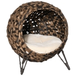 PawHut Panier chat lit surélevé chat cosy niche grotte grand confort dim. Ø 52 x 58H cm coussin moelleux beige inclus résine tressée imitation rotin marron