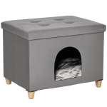 PawHut Cueva para Gatos 2 en 1 Taburete Reposapiés con Tapa Extraíble Orificio de Entrada Cojín Lavable y Patas Elevadas de Madera para Interior 60x45x44,5 cm Gris
