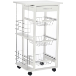 HOMCOM Carrello Isola da Cucina Salvaspazio in Legno di Pino, Carrello Portavivande con 4 Ruote Cassetto 3 Cesti Estraibili Portafrutta, Bianco