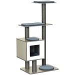 PawHut Árbol Rascador para Gatos de Madera 71,5x49,5x120 cm Torre de Gato con Cueva Plataformas Postes Rascadores Cojines Gris
