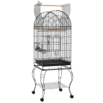 PawHut Gaiola para Pássaros com Rodas Bandeja Amovível Prateleira 2 Comedouros de Aço Inoxidável e Poleiro 51x51x153 cm Preto