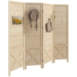 HOMCOM, Paravan interior din lemn, 4 panouri, separator de cameră pliabil, panou perforat, 152 x 1,7 x 144,5 cm, lemn natural