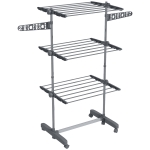 HOMCOM Three-Shelf Collapsing Clothes Horse, With Side Arms and Wheels - Grey