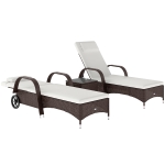 Outsunny 3 Pieces PE Rattan Patio Lounge Chair Set, Outdoor Recliner Lounge Chairs with Wheels, for Outside with Cushions, Headrest, Coffee Table for Garden, Poolside, Brown