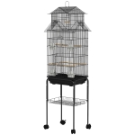PawHut Cage à oiseaux sur pied, volière sur roulettes avec balançoire, support, design maison, 50,5 x 41 x 163 cm en acier noir