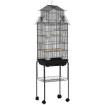 PawHut Cage à oiseaux sur pied, volière sur roulettes avec balançoire, support, design maison, 50,5 x 41 x 163 cm en acier noir