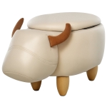 HOMCOM Tabouret Vache - Pouf Vachette - Pouf Taureau Coffre de Rangement 2 en 1 - Pieds Bois d'hévéa revêtement synthétique Aspect Crème