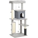 PawHut 132cm Cat Tree w/ Scratching Posts, Pad, Cat Bed, Cat House, Jumping Platform, Grooming Brush, Anti-Tip Kit, Light Grey