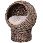 PawHut Elevated Kitten Hooded Rattan Cat House Basket Cushion, 42x33x52cm Brown