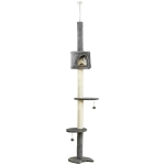 PawHut Árbol Rascador para Gatos Rascador para Fijar al Techo Altura 255 cm con Plataformas Cueva Postes de Sisal Bolas Colgantes Gris Claro