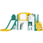 AIYAPLAY Set de Tobogán 7 en 1 para Niños pequeños, Aro de Baloncesto, Diseño de Rana, Escalada, Asiento de Columpio, para interiores y exteriores, Amarillo + Verde