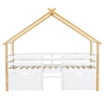 3ft Children's Bed with 2 Storage Drawers, Safety Guardrail, MDF and Pinewood Frame, Roof Design, 201.5L x 95W x 212H cm, White+Natural