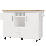Kitchen Island Trolley with Folding Worktop, Adjustable Shelves, Wine Rack, Utility Cart with Towel and Spice Racks, 138L x 73W x 92H cm, White