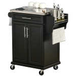 HOMCOM Wooden Kitchen Island on Wheels, Serving Cart Storage Trolley with Stainless Steel Top, Drawer, Side Handle and Rack, Black