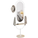 HOMCOM Oglindă de Corp Intreg 175,5x50 cm cu Tavă din Lemn 4 Cârlige și Rama de Metal pentru Salon Dormitor Alb