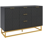 HOMCOM Bufet cu design modern, 2 dulapuri cu uși, rafturi reglabile și 3 sertare glisante, din lemn negru și metal auriu