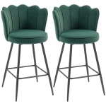 HOMCOM Set of Two Velvet-Feel Lotus Bar Stools - Dark Green