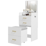 HOMCOM Masuta de Toaleta 3-in-1 cu Oglinda, Masuta de Noapte, Scaun cu Rotile, Sertare, Alb