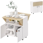 HOMCOM Masa de Dining Pliabilă cu Dulap pe Role, două părți pliabile ale mesei, Dulap, 4 Roți, Alb+Lemn natural, 70 x 83 x 75 cm