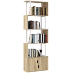 HOMCOM Bibliotecă cu 5 nivele, mobilier de depozitare cu rafturi și dulap cu dublă ușă, 60 x 23,8 x 179,2 cm, lemn natural