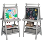 AIYAPLAY Chevalet pentru copii 3 în 1 cu tablou alb magnetic, tablou pentru cretă, roleu de hârtie, 2 coșuri, 3-6 ani, gri