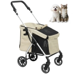 PawHut Cărucior pentru câini, transport ușor și pliabil pentru câini mici, pernă lavabilă, ferestre de plasă, Khaki