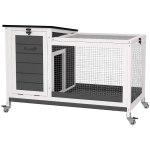 PawHut Hutch pentru iepuri din lemn cu spațiu de joacă rotițe acoperiș pliabil pentru interior, exterior 92 x 52 x 67 cm Gri închis