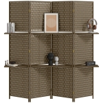 HOMCOM Paravan interior separator de încăpere 4 panouri 2 rafturi lemn de pin țesut cu fibre de hârtie 181 x 180 cm maro