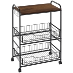 HOMCOM Cărucior Auxiliar cu Roți de 3 Nivele Cărucior de Bucătărie cu 2 Coșuri și 4 Cârlige 60x38x85,5 cm Maro Rustic