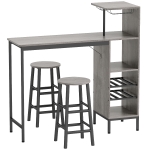 HOMCOM Conjunto de mesa de bar con taburetes, mesa de comedor de pie con 2 taburetes de bar estantes, compartimentos para vinos, madera natural
